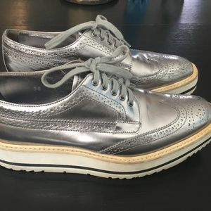Prada Silver leather platform brogue oxfords size 38